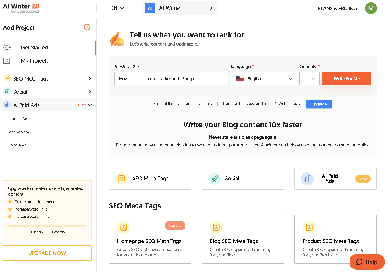 Ubersuggest AI Writer interface showing content generation and SEO optimization features